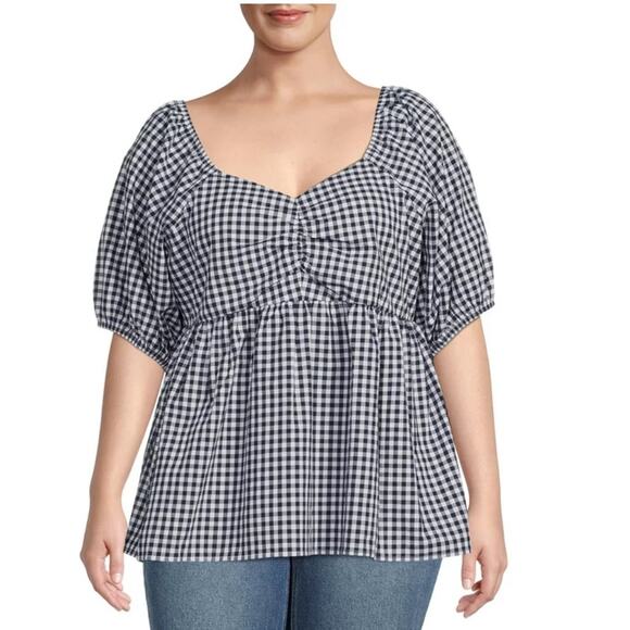 Terra & Sky Top Navy White Gingham Cotton Smocked Short Puff Sleeve Plus 1X NEW - Picture 1 of 12